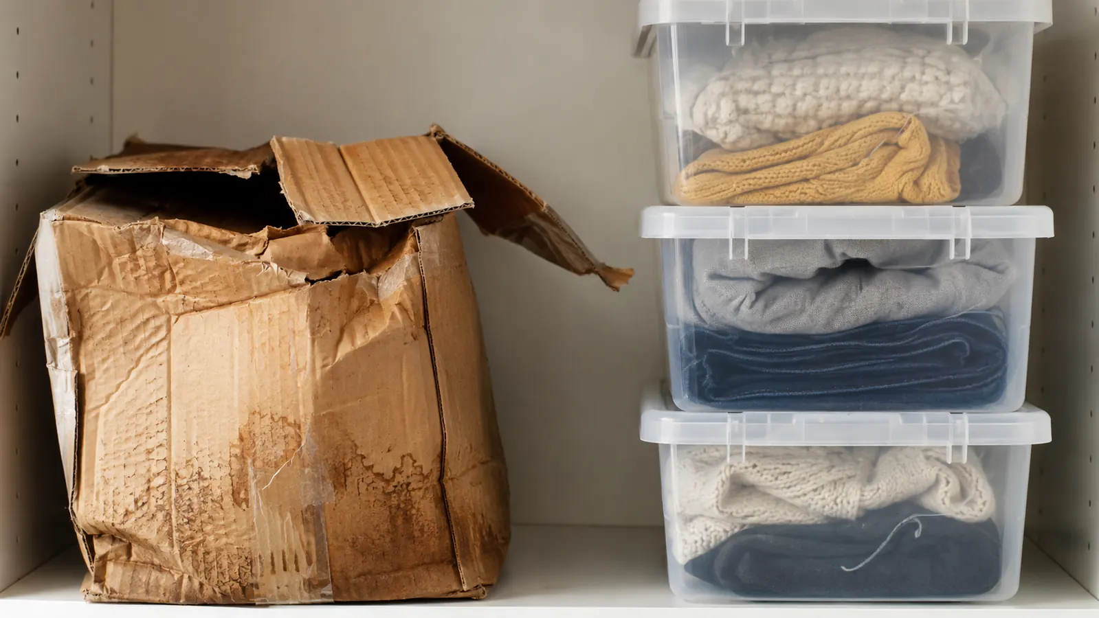 Side-by-side comparison of a soggy collapsed cardboard box next to a clean clear plastic storage bin