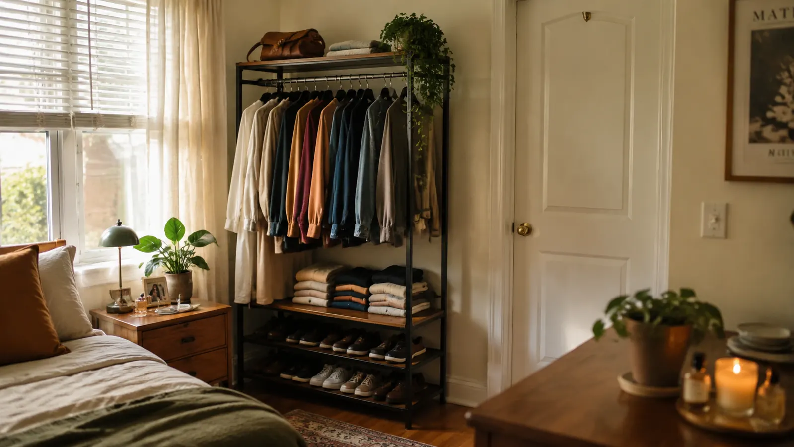 Organized freestanding closet with hanging clothes in a bright rental bedroom