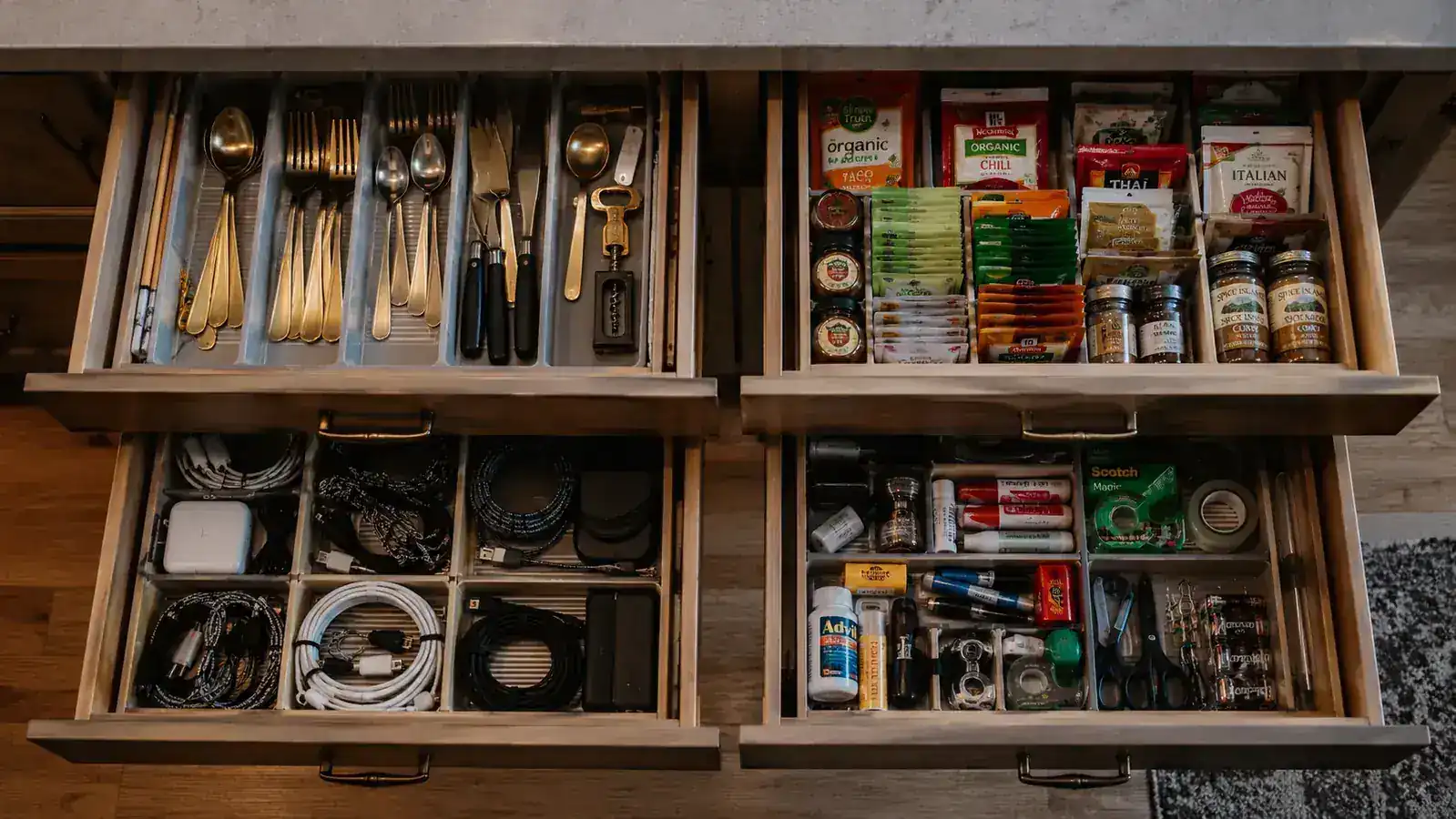 Before and after side-by-side showing a chaotic tangled utensil drawer versus a neatly sorted organized drawer