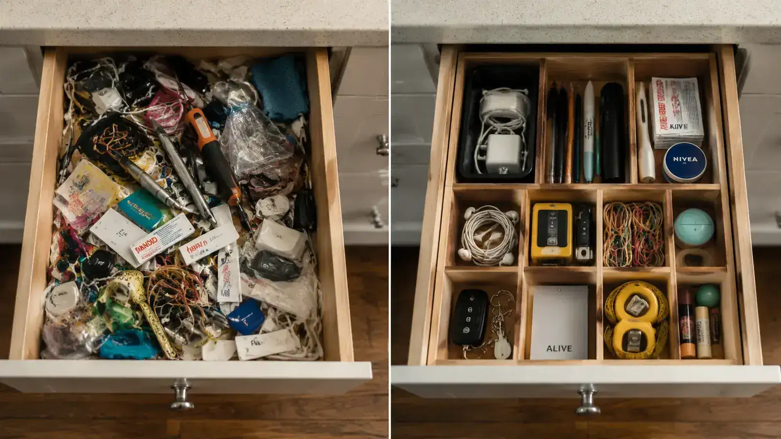 Neat kitchen drawer with sorted utensils in a white expandable tray on a light wood countertop