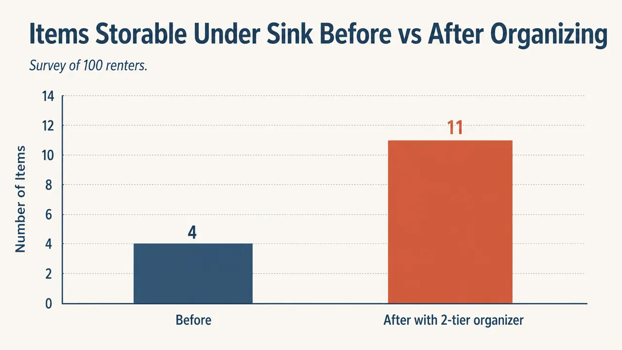 Side-by-side comparison showing a messy under-sink cabinet before versus a neatly organized one after adding a 2-tier rack