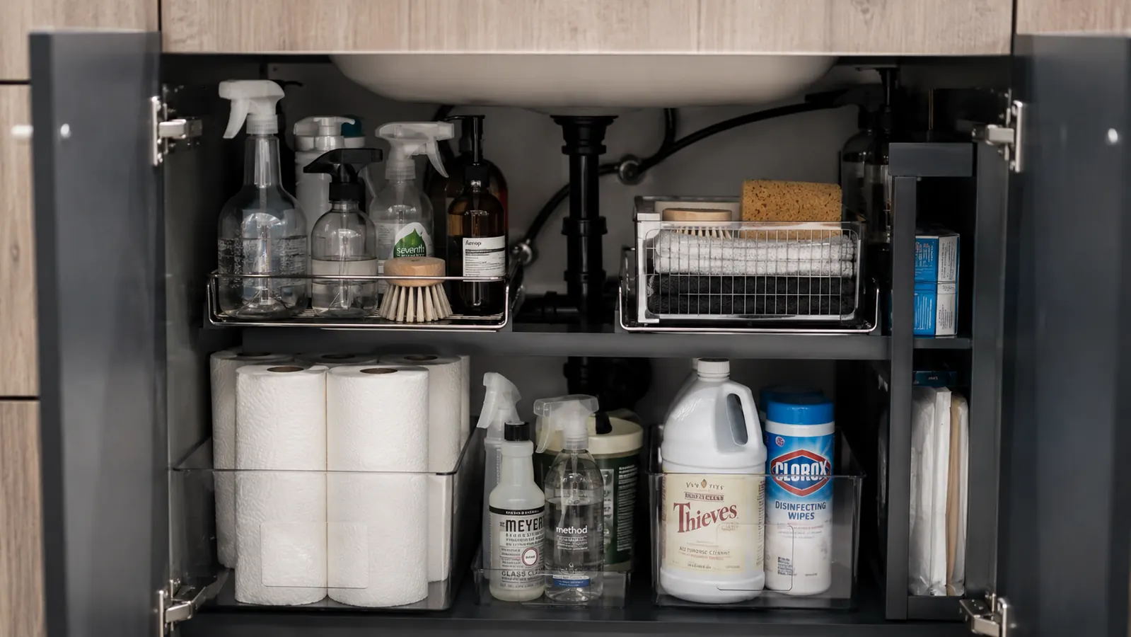 Open cabinet under a kitchen sink showing a tidy 2-tier organizer loaded with cleaning supplies on both levels