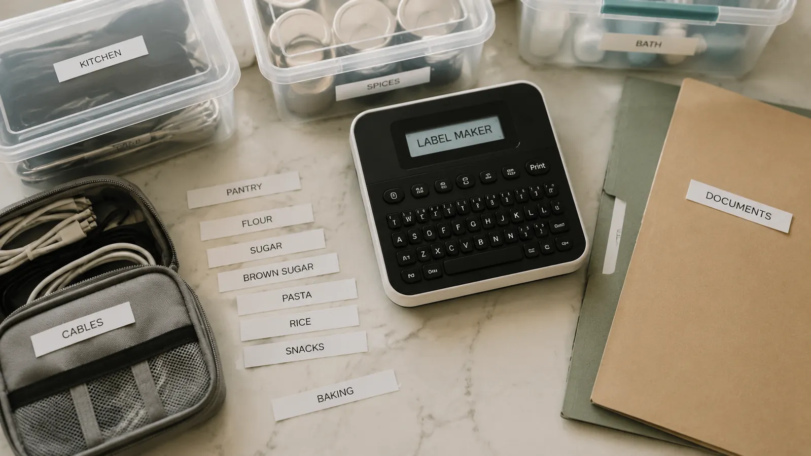 Organized pantry shelves with clear bins and printed labels on each container