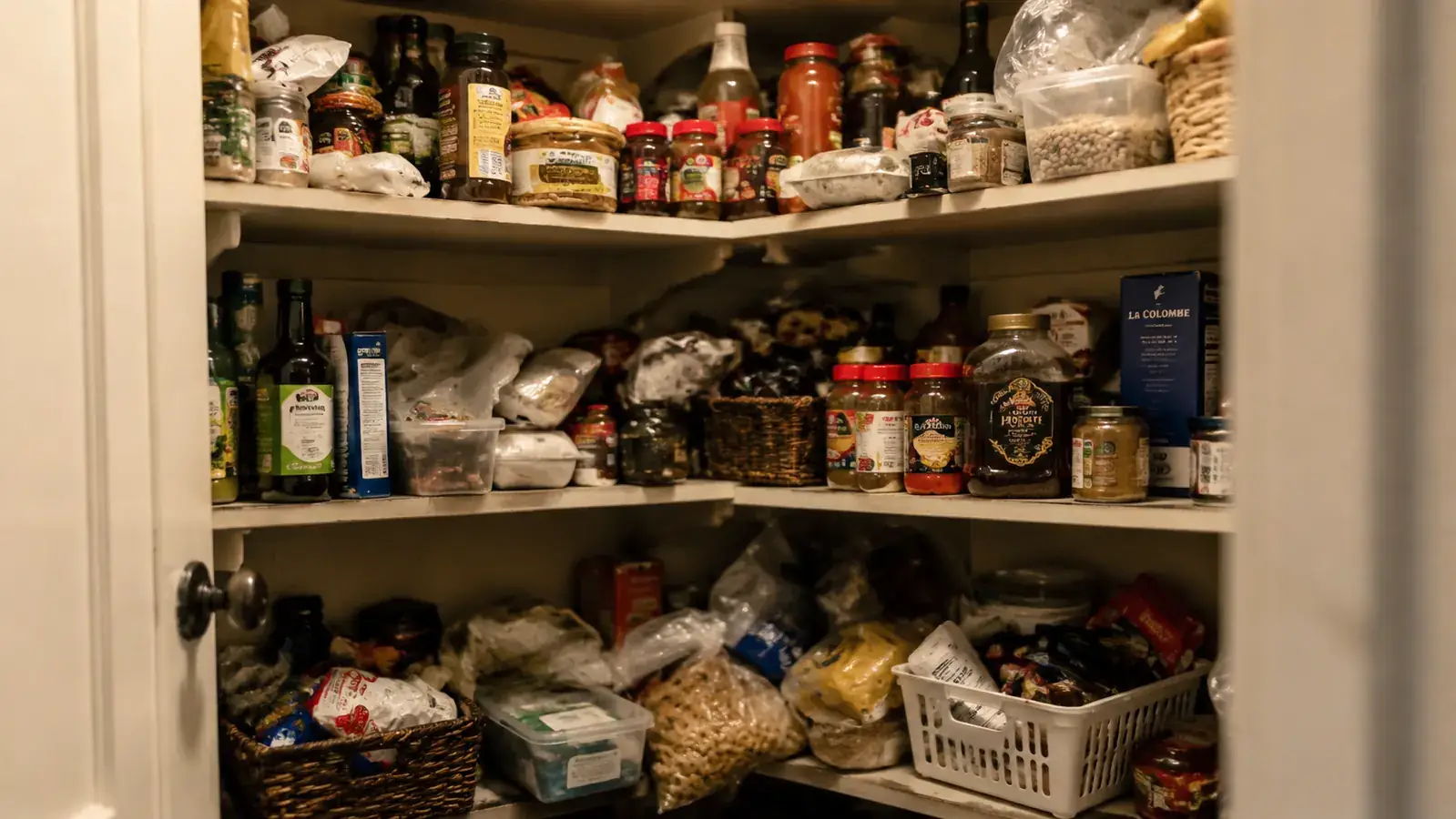 Close-up of printed TZe labels on wicker baskets and plastic bins on a pantry shelf