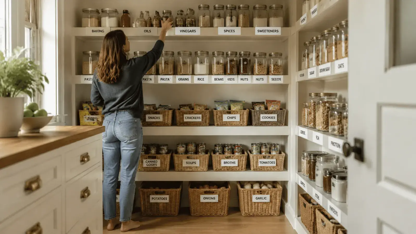 Person standing in front of an organized pantry, smiling and pulling out a labeled bin