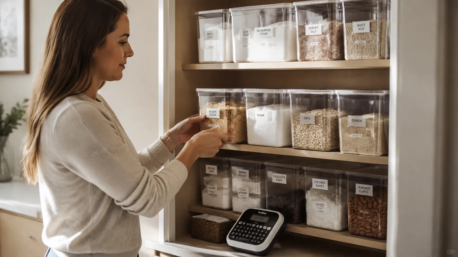 Neatly organized pantry shelves with labeled clear bins holding pasta, rice, and snacks