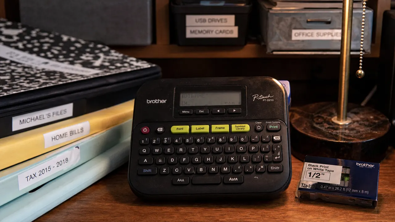 Brother P-Touch PTD220 label maker sitting on a kitchen counter next to a labeled glass jar and a roll of TZe tape