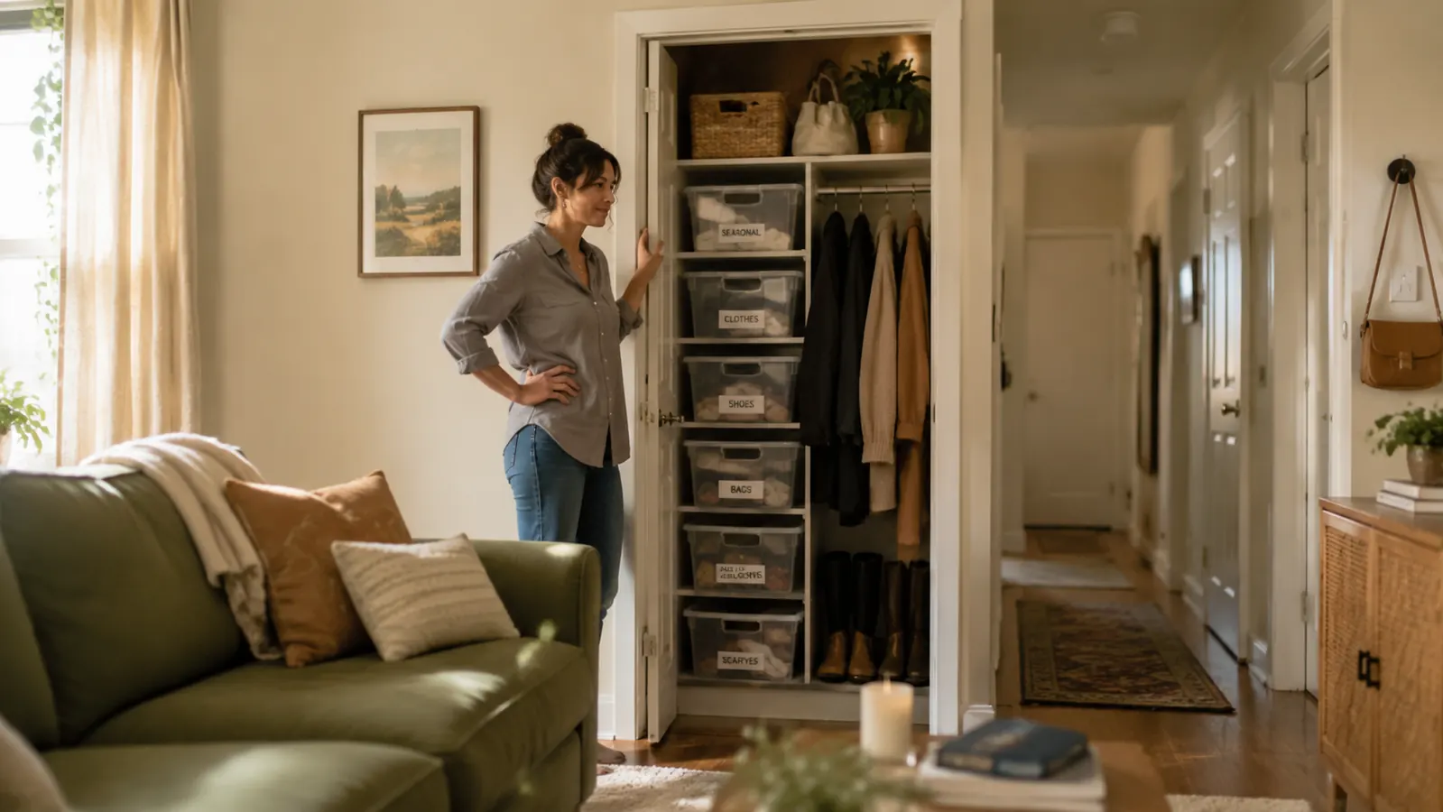 A warm, lived-in apartment with an organized open closet, a tidy pantry shelf, and a small entryway with shoes neatly tucked away