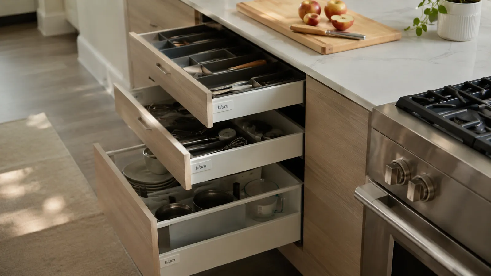 Neatly organized kitchen drawer with a white expandable utensil tray holding sorted silverware and cooking tools