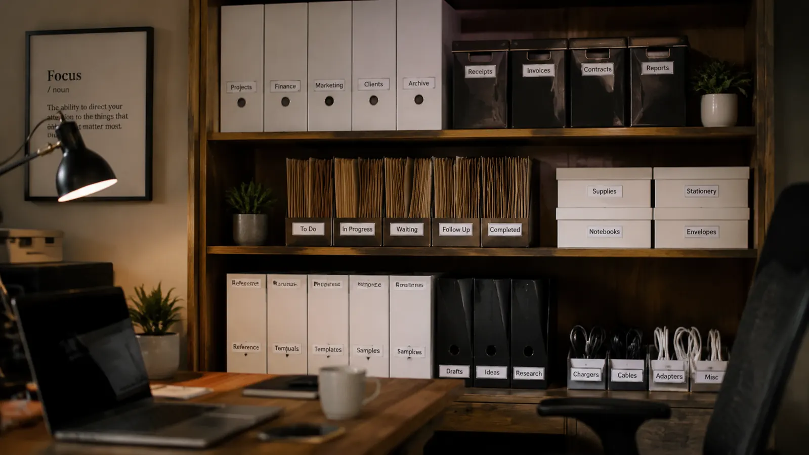 Closet shelf with folded clothes stacked in labeled bins, organized by type