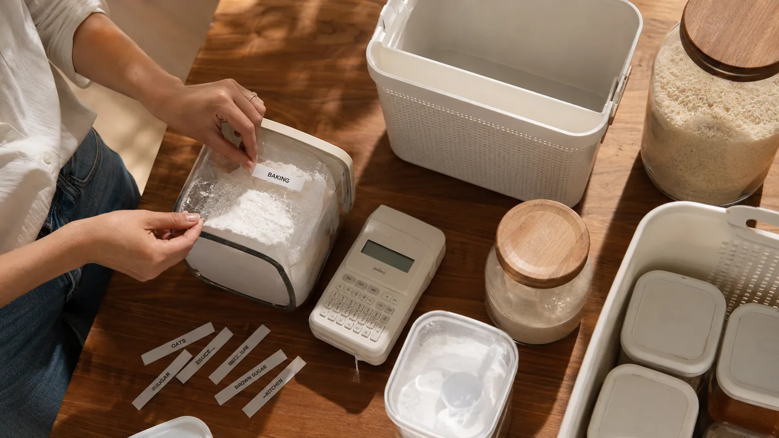 Organized pantry shelves with clear bins and printed white labels on each container