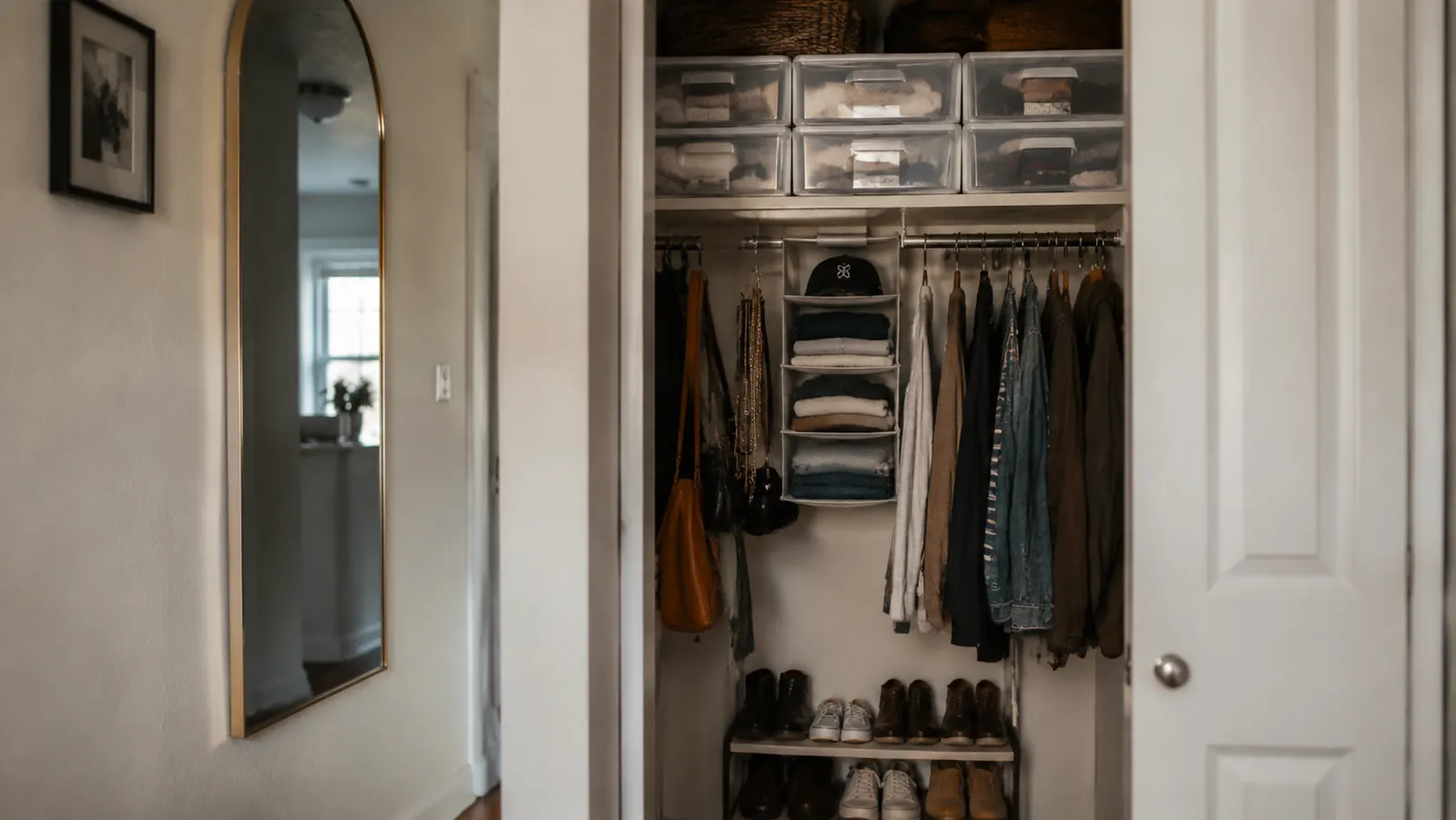 Small rental closet with clear stackable storage bins organized neatly on the floor and shelves
