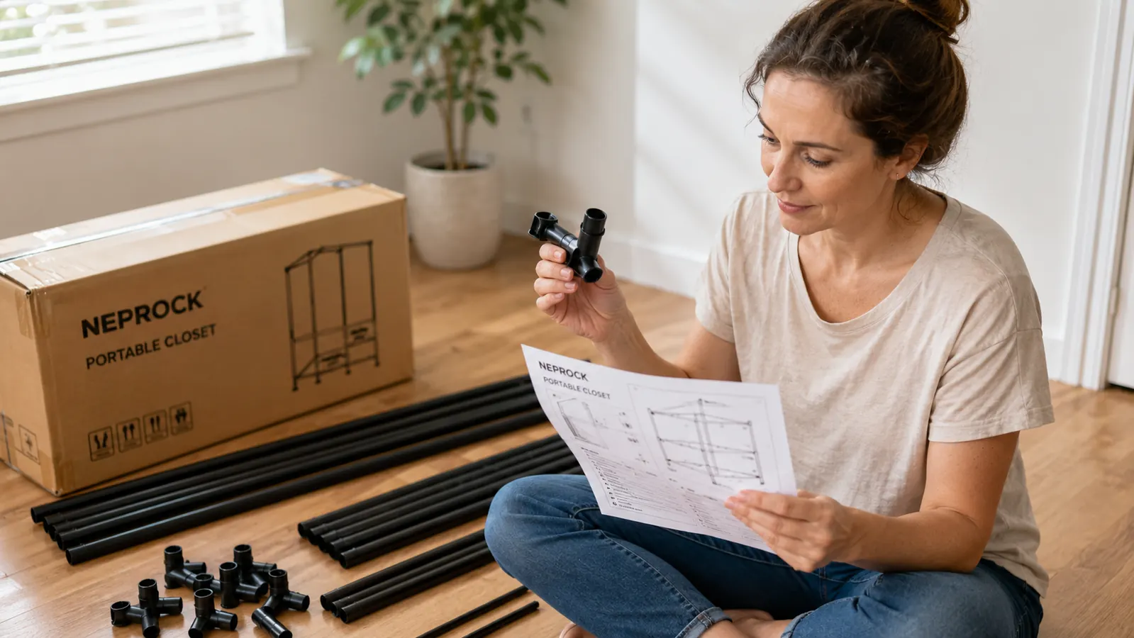 Person measuring a blank bedroom wall corner before positioning a freestanding closet frame