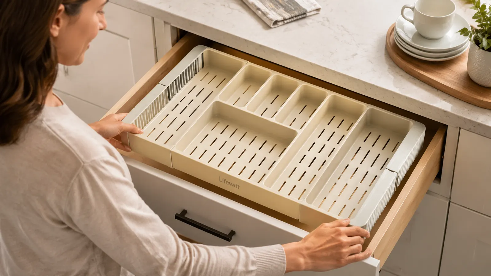 Close-up of the Lifewit tray expansion mechanism showing the locking tabs on the side panels