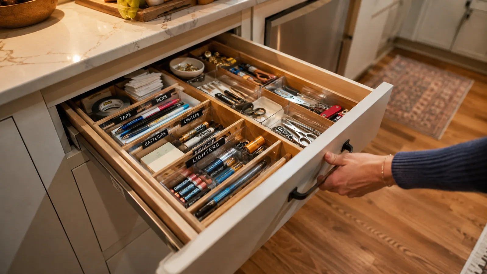 Person trying to fit a large silicone spatula into the back channel of the drawer organizer, finding it does not fit