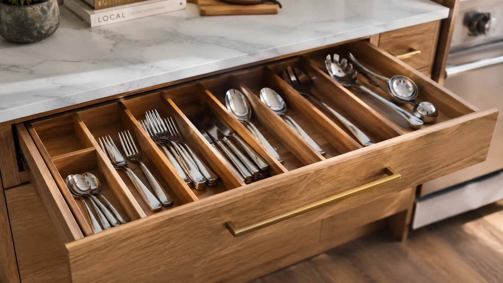 Open kitchen drawer showing the Lifewit expandable organizer fully loaded with silverware and small utensils in a lived-in rental kitchen