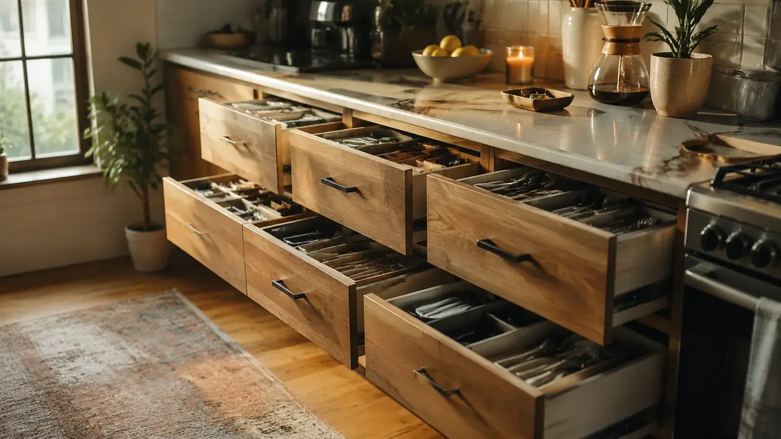 Person opening a clean organized kitchen drawer in a small apartment kitchen