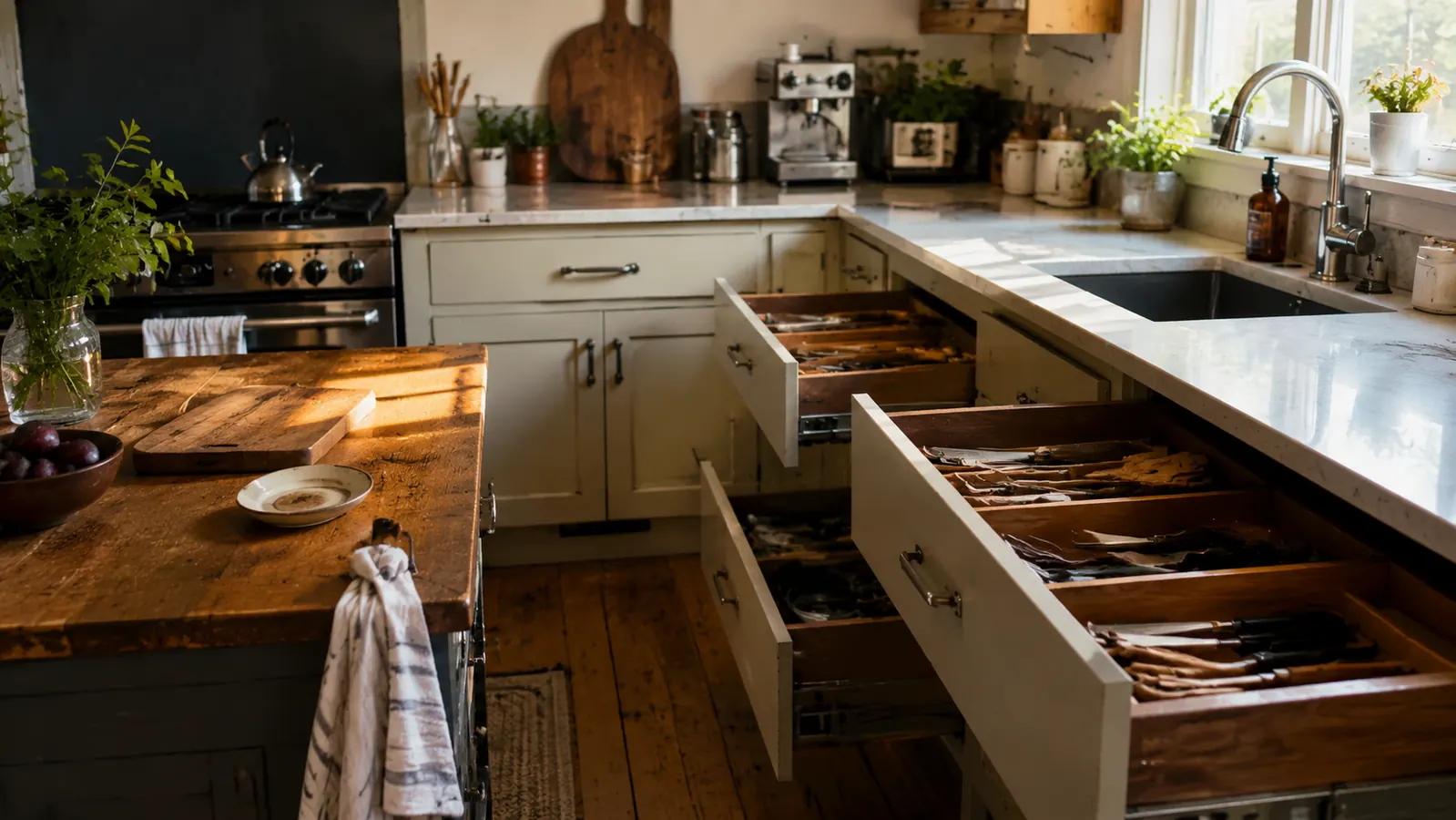 Neatly organized kitchen drawer with silverware and utensils sorted in a white expandable plastic tray, warm natural morning light from a nearby window