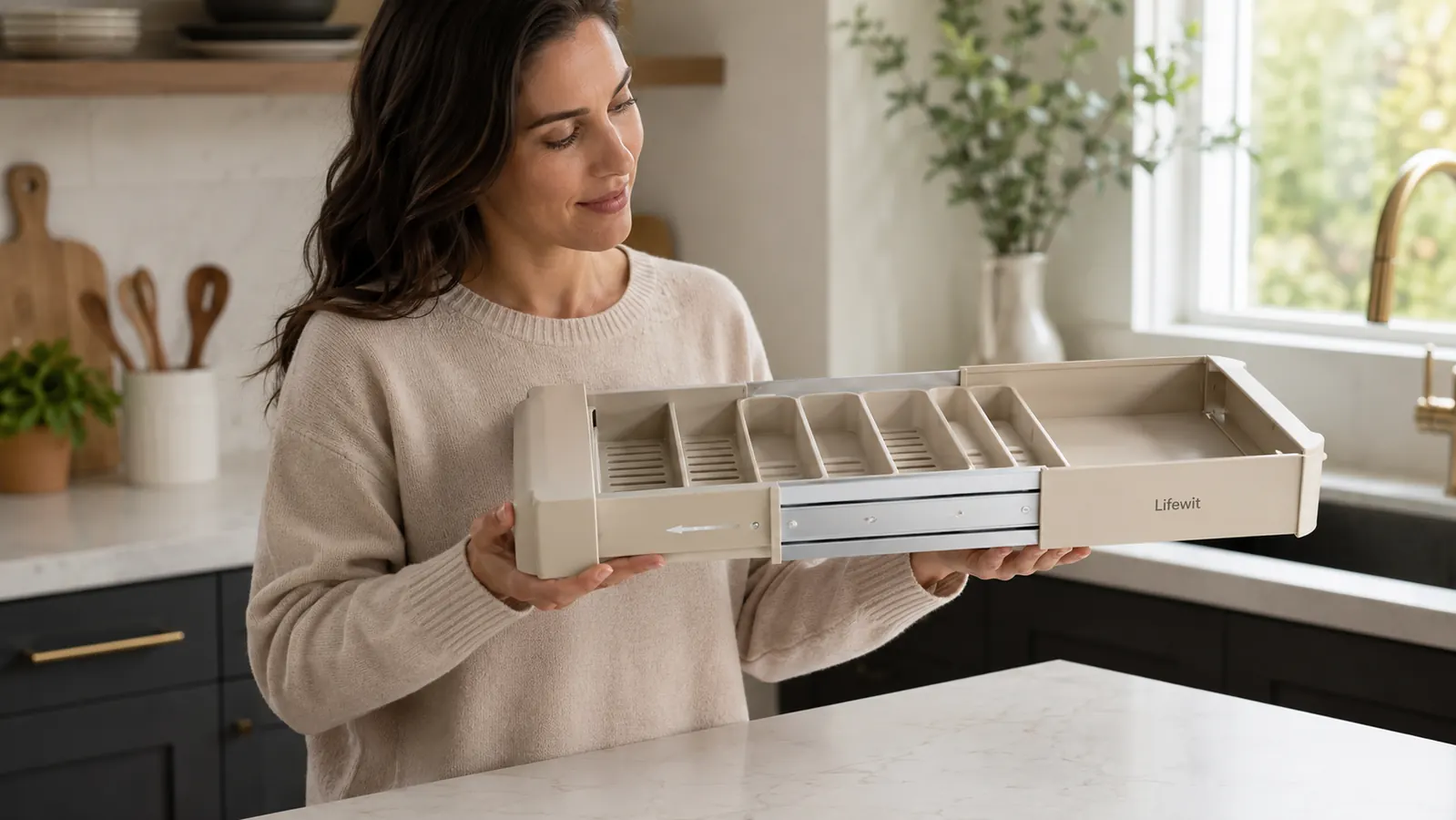Lifewit expandable plastic drawer organizer tray set on a kitchen counter next to a measuring tape showing its width