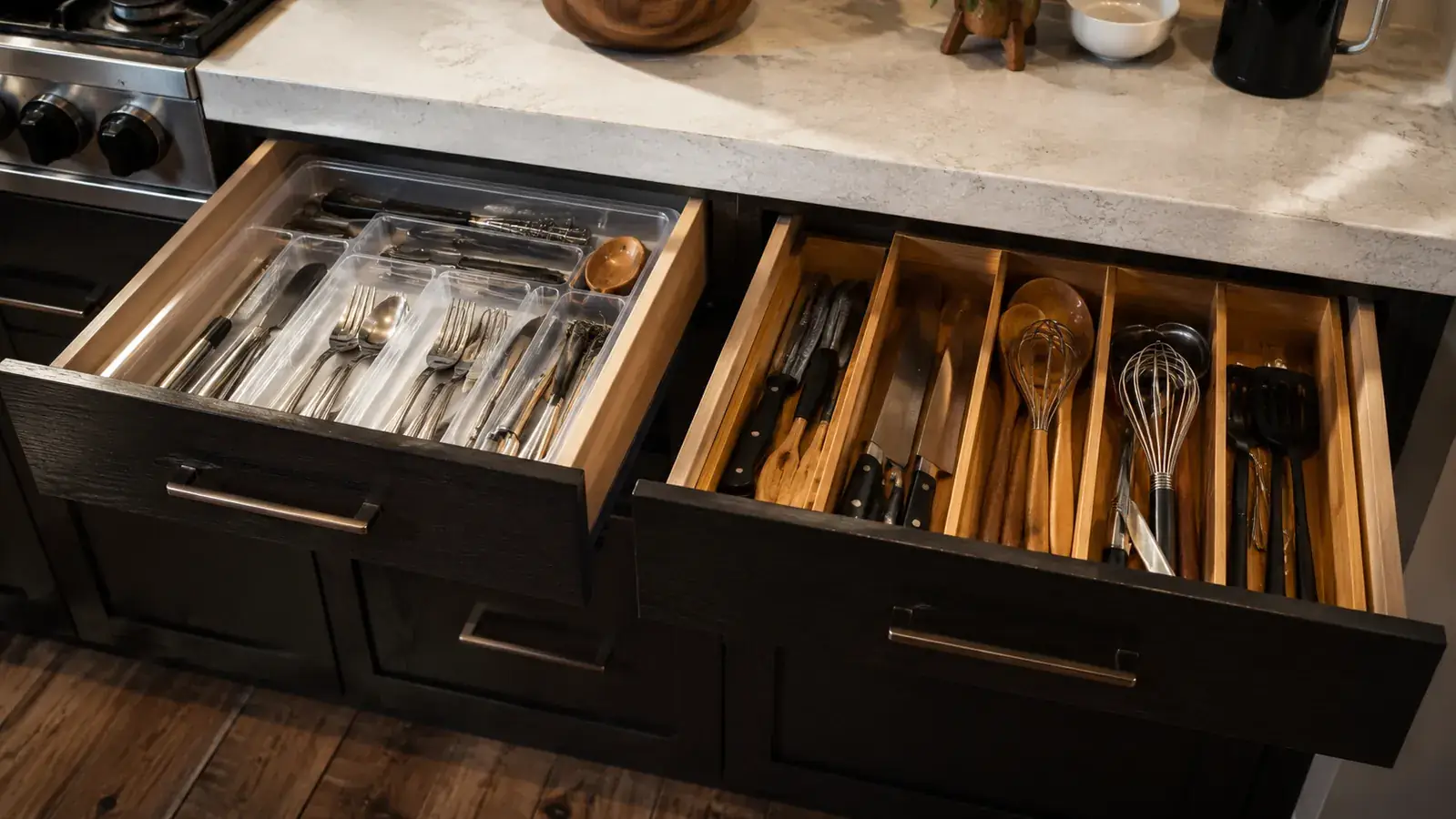 Kitchen drawer neatly organized with a white plastic expandable utensil tray holding silverware and cooking tools