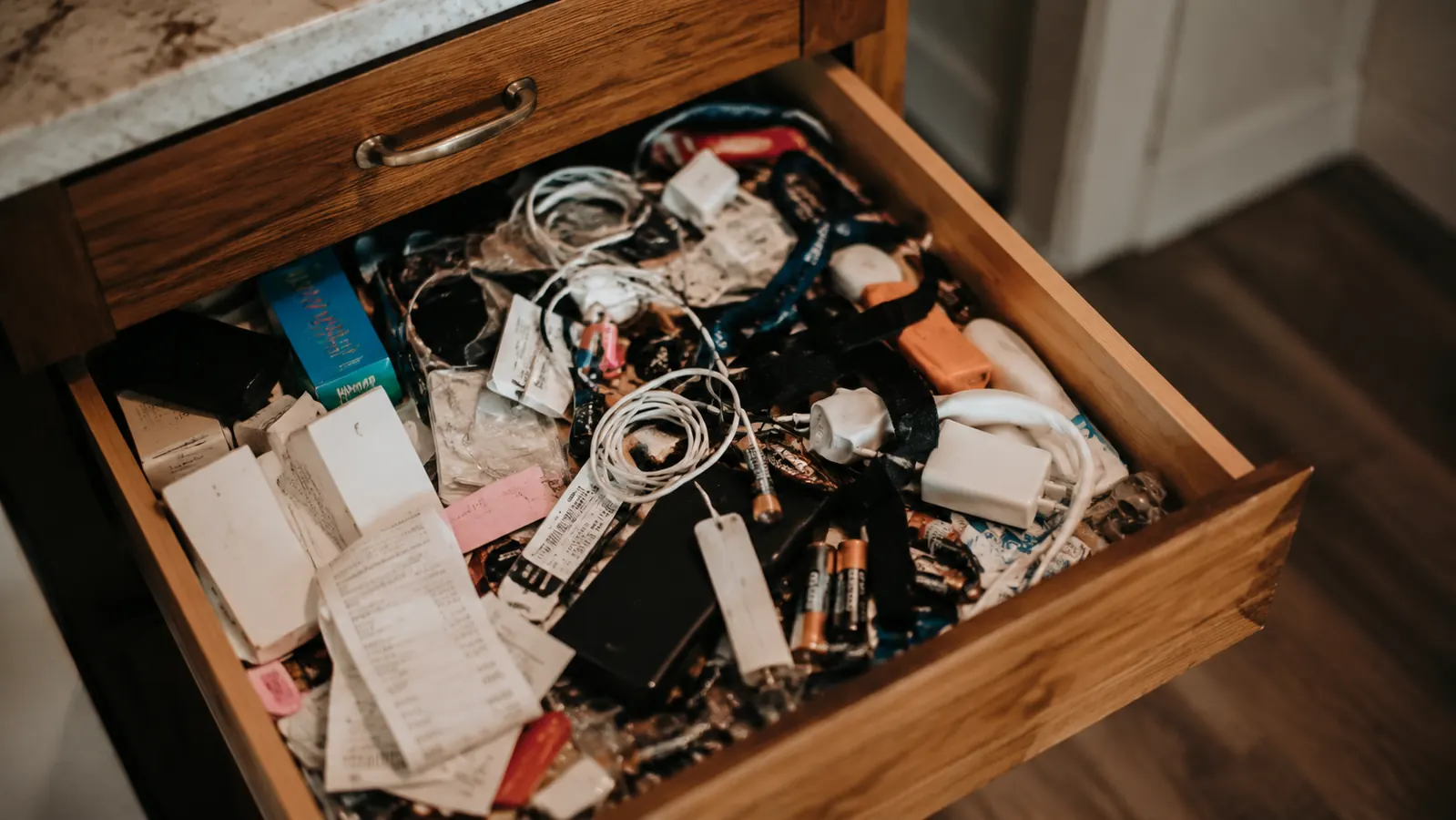Kitchen drawer neatly organized with forks, knives, spoons, and cooking utensils separated into compartments