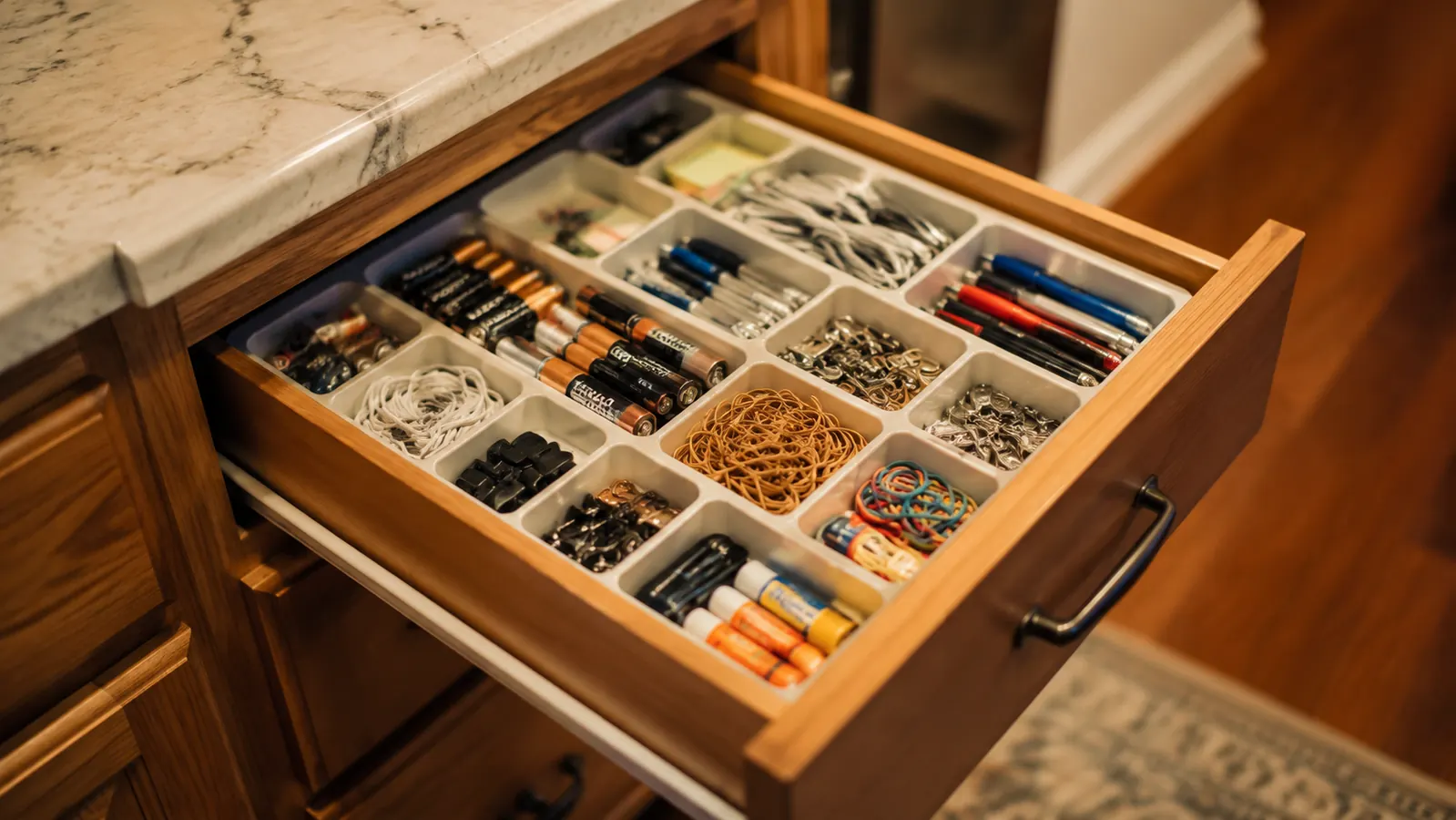 Open kitchen drawer with a tangle of silverware, rubber bands, and random items stuffed inside