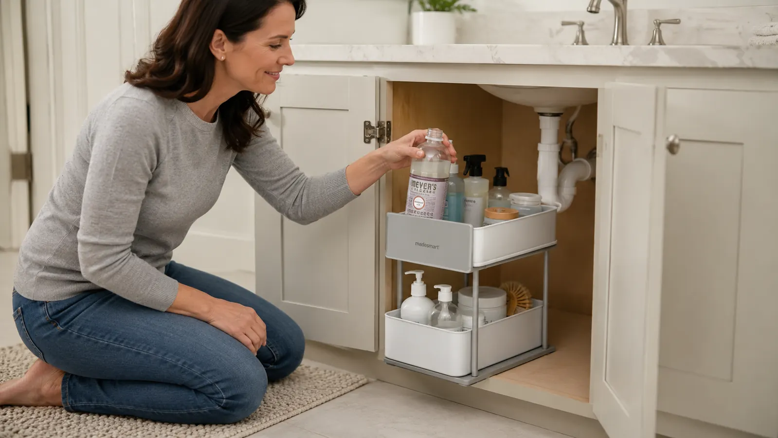 Hands sliding out the lower drawer of a white two-tier under-sink organizer to retrieve a cleaning spray bottle