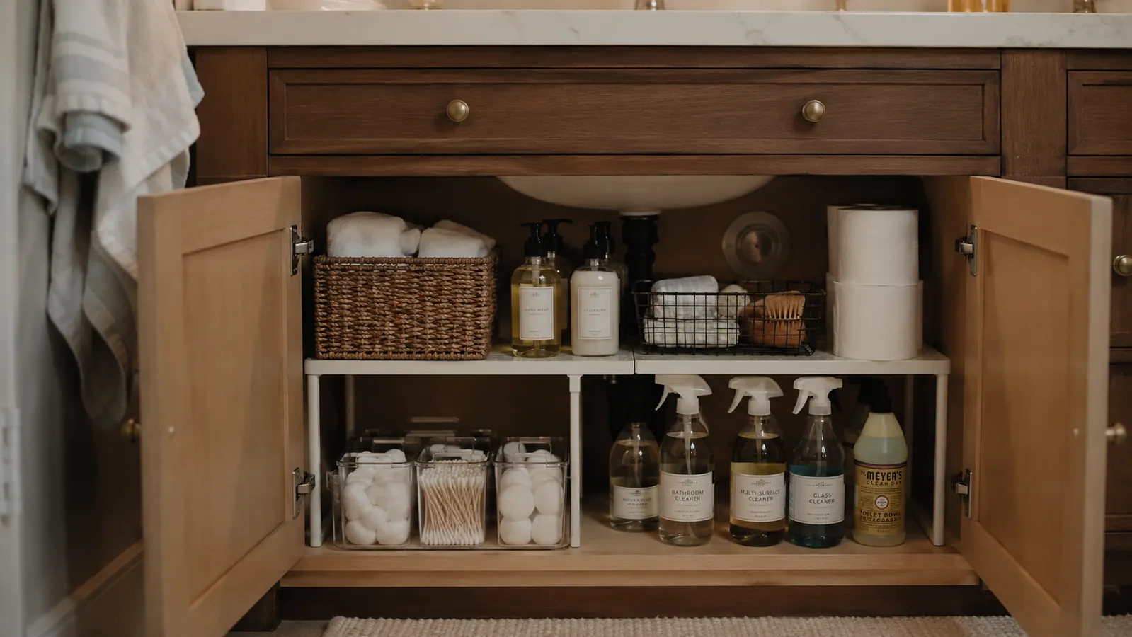 A clean, organized bathroom cabinet under a white pedestal sink with two-tier sliding organizer holding cleaning supplies and toiletries