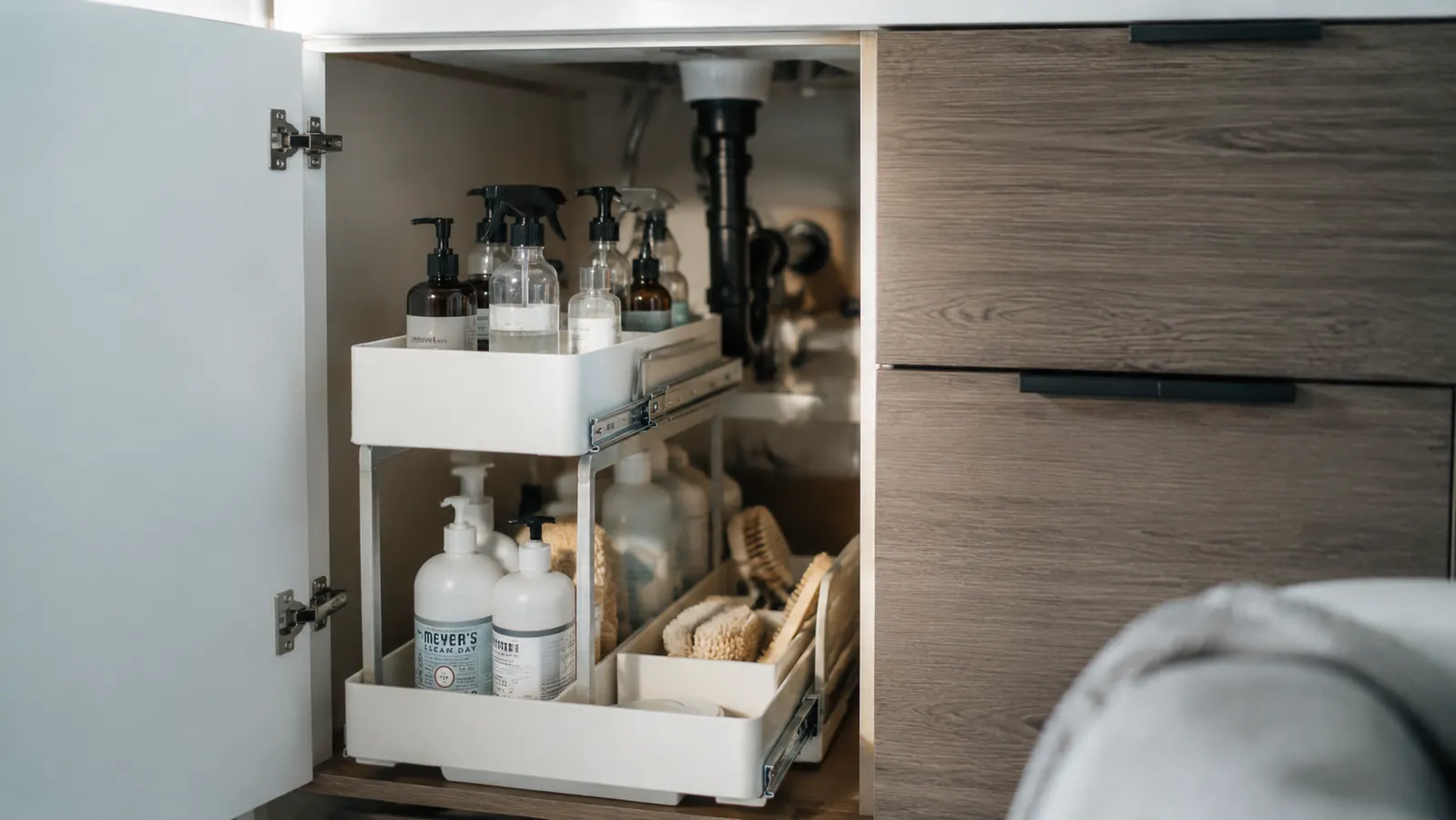 Open kitchen sink cabinet with the madesmart 2-tier organizer in place, drain pipe visible through the center cutout