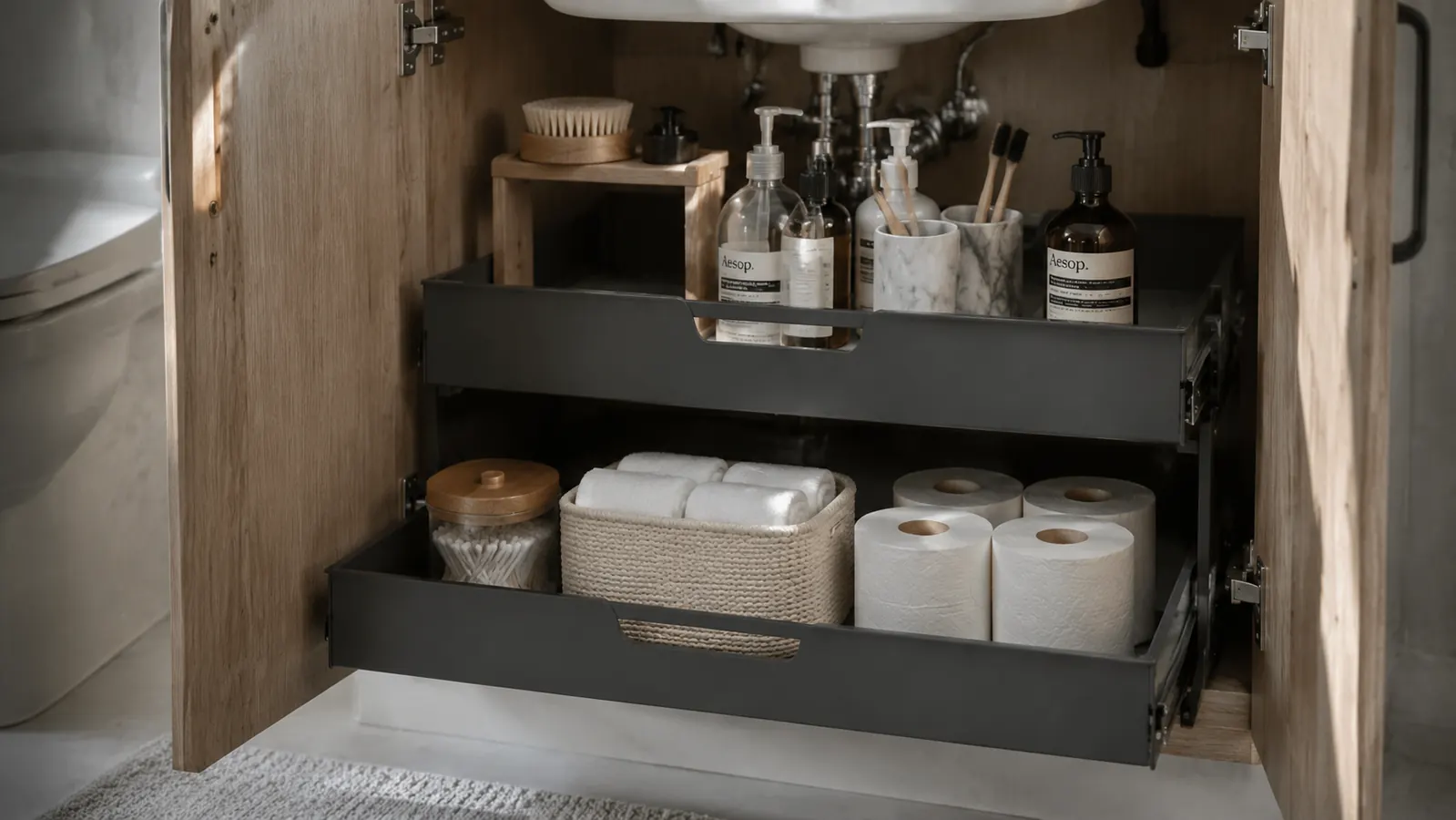 A tidy under-sink cabinet in a rental kitchen with cleaning supplies organized on two tiers