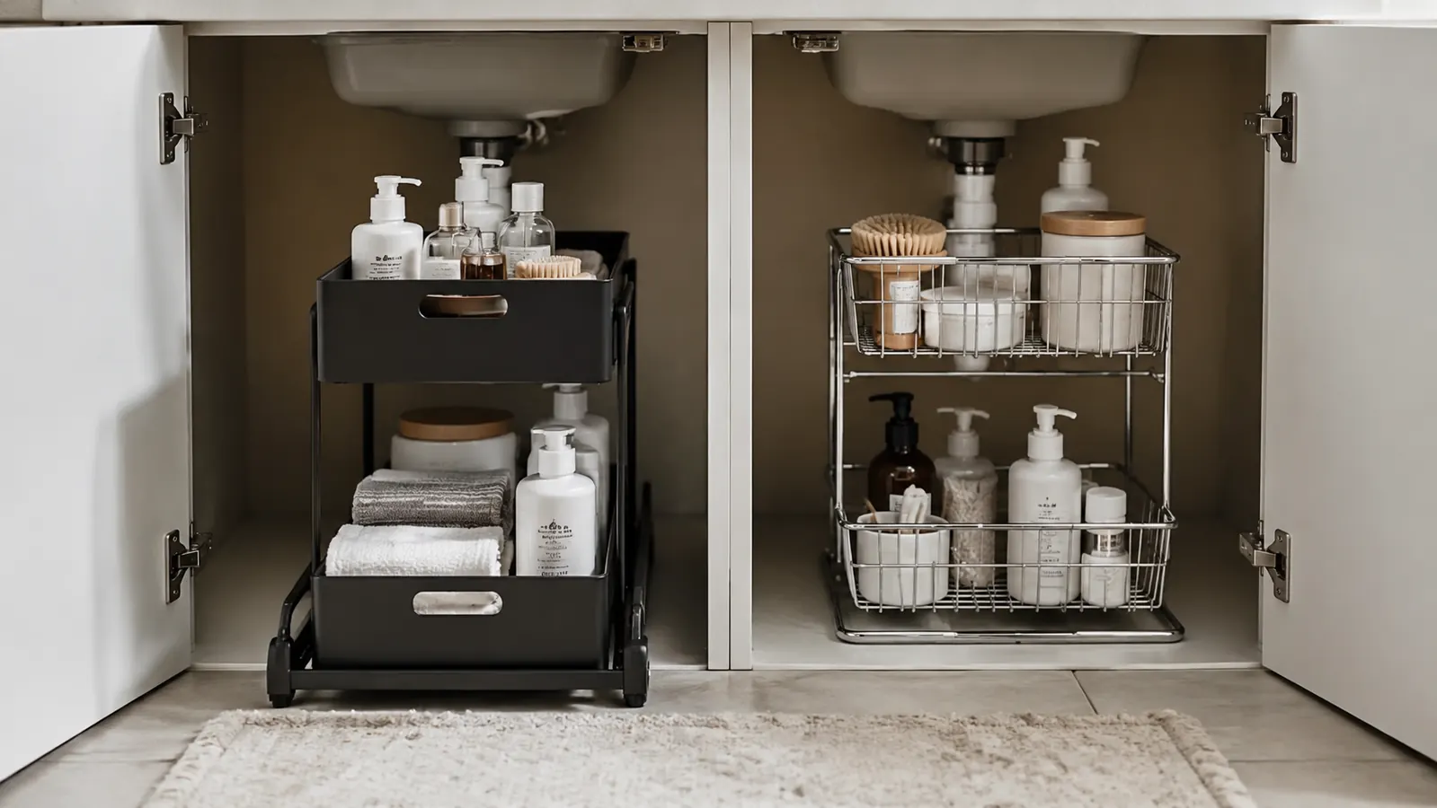 Two white plastic under-sink organizers side by side on a tile bathroom floor, one two-tiered with sliding drawers, one a two-pack of open bins