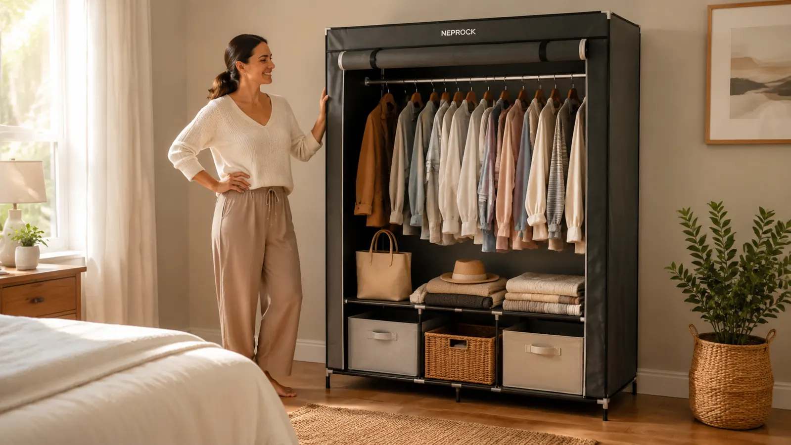 Hands hanging a folded shirt on the rail of a portable freestanding closet organizer