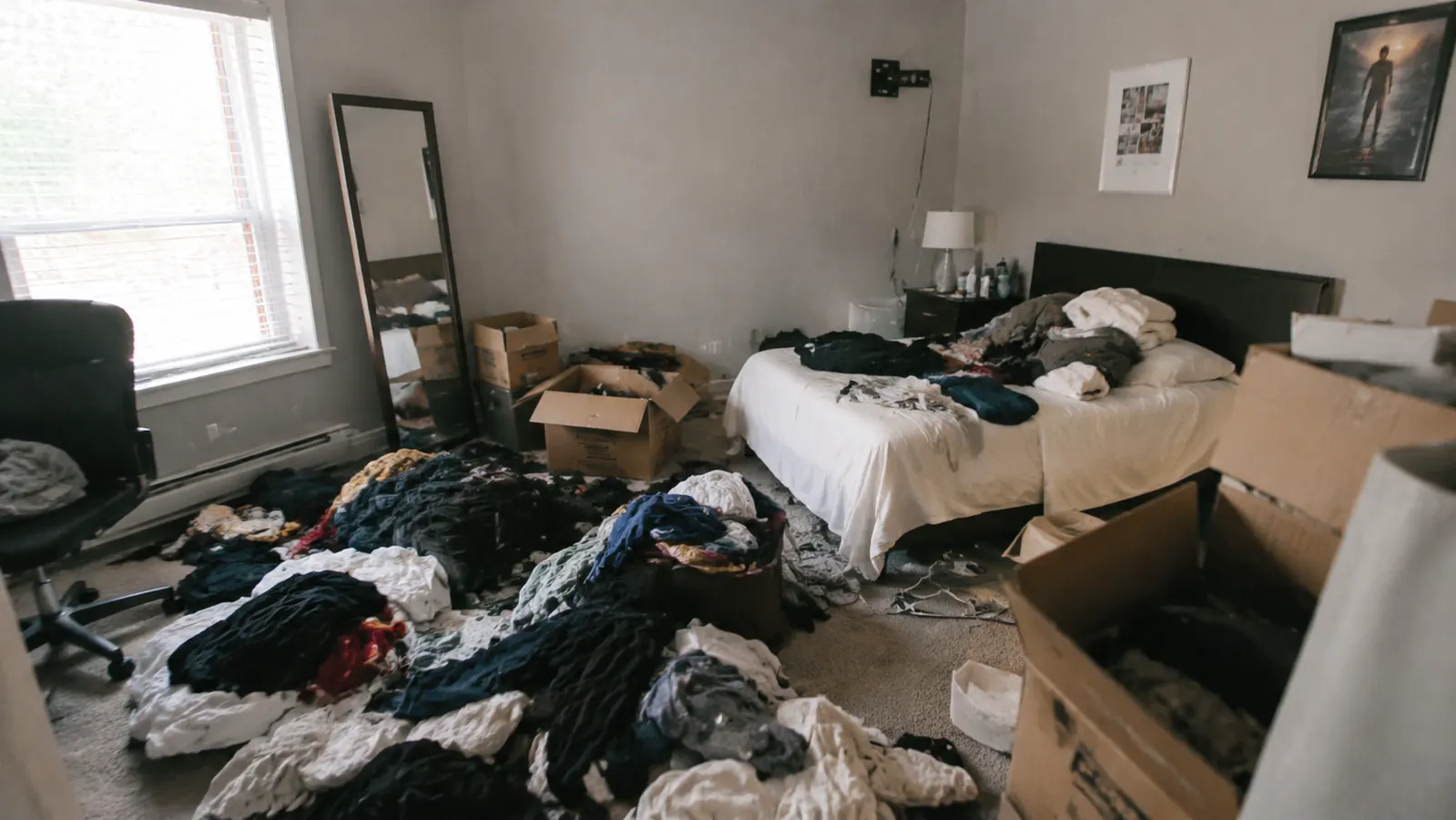 Spare bedroom before and after showing floor covered in clothes on the left, organized freestanding closet on the right