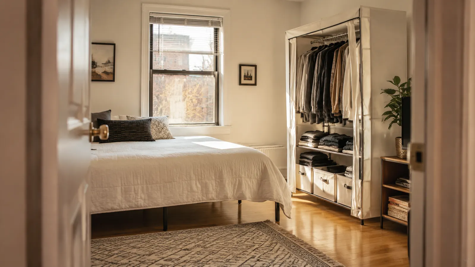 A tidy spare bedroom with a freestanding wardrobe closet against the wall, neatly organized clothes hanging, morning light through sheer curtains