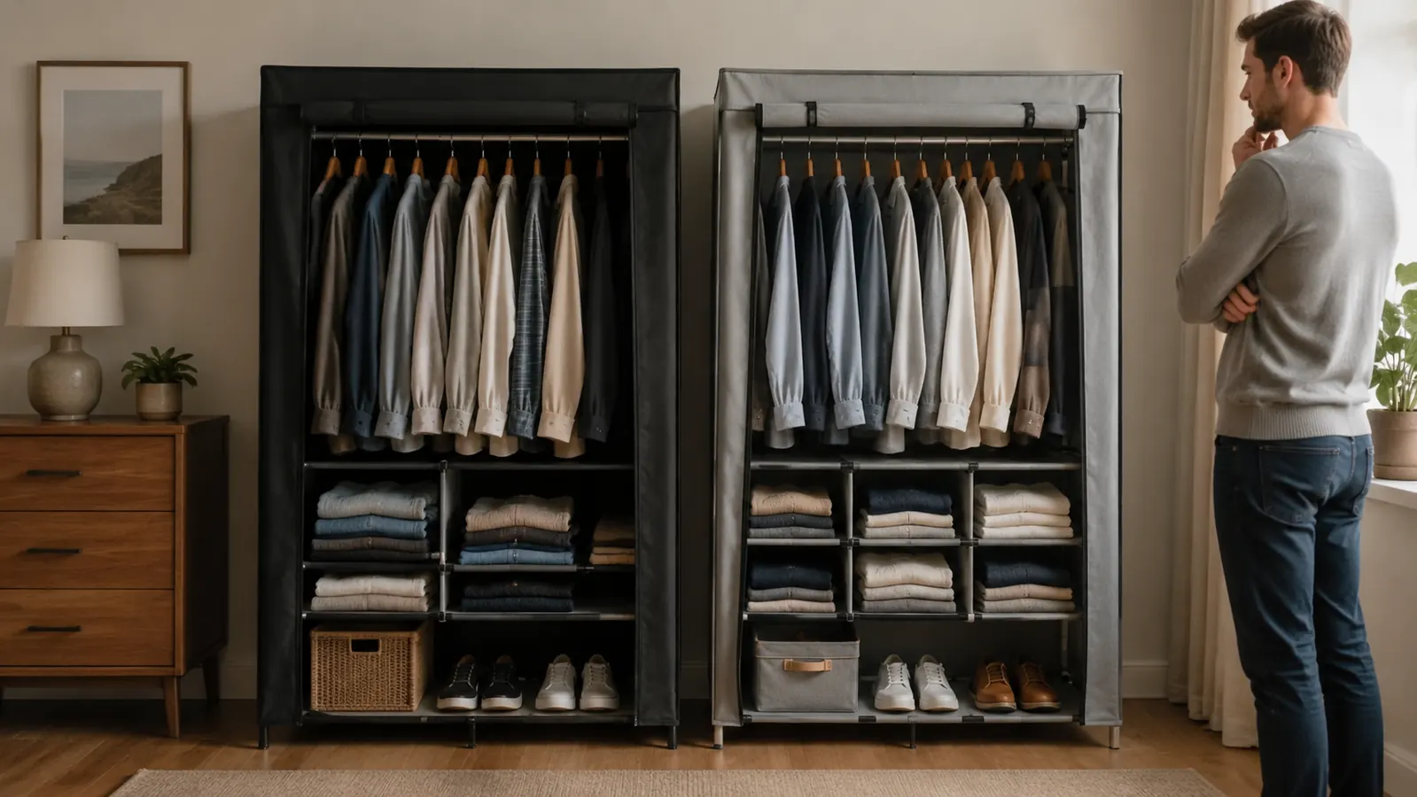 Two freestanding portable closet racks in a spare bedroom, one with fabric cover zipped, one open showing hanging clothes