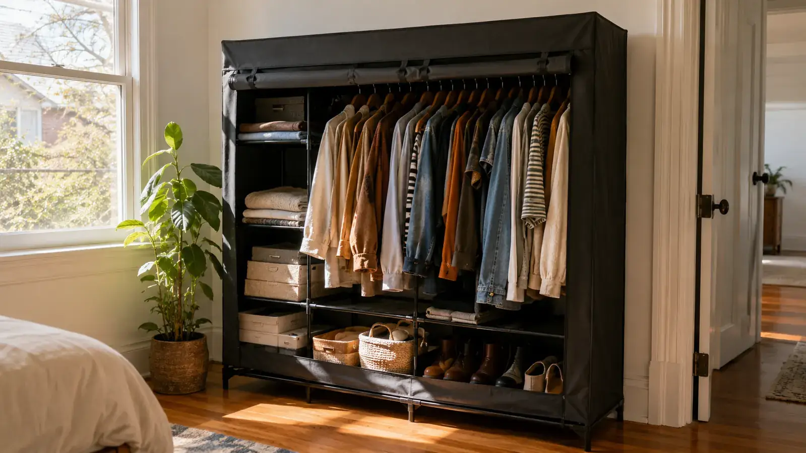 Neprock portable wardrobe closet assembled in a small rental bedroom with the front zipper panel half open revealing hanging clothes