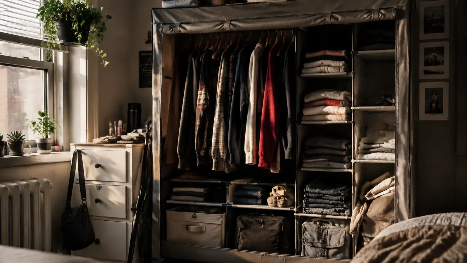 Freestanding fabric wardrobe closet standing in a spare bedroom corner with clothes hanging inside, morning light from a side window