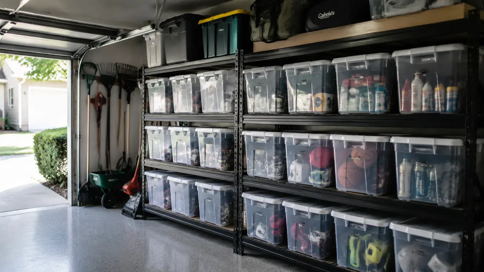 Garage with tidy rows of clear plastic bins stacked on shelving units, bright overhead light