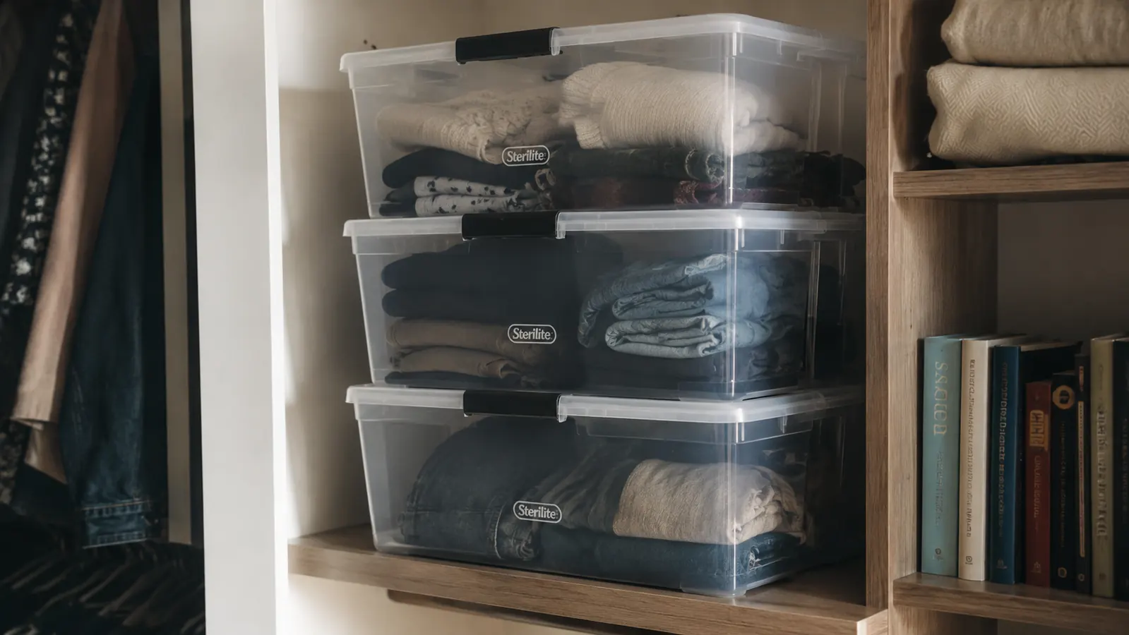 Close-up of the Sterilite Clip Box side latch being unclipped with a thumb, bin sitting on a cluttered shelf with mismatched storage containers nearby