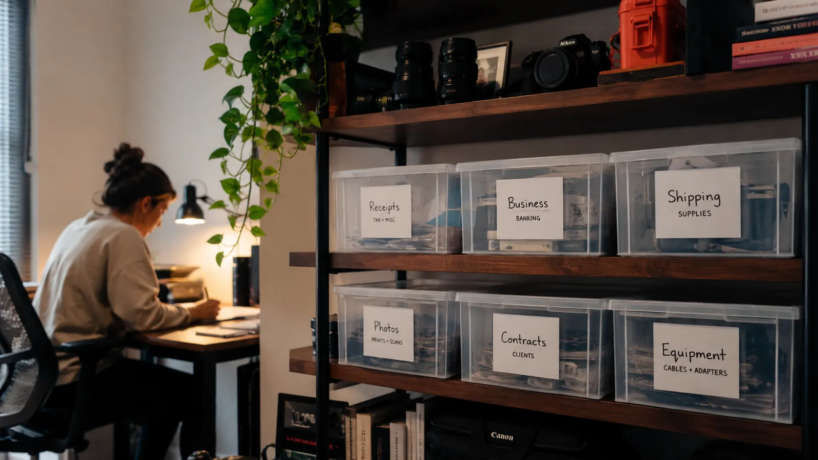 Sterilite Clip Boxes stacked in a hallway closet next to a door, labels facing out, floor-to-shelf height maximized