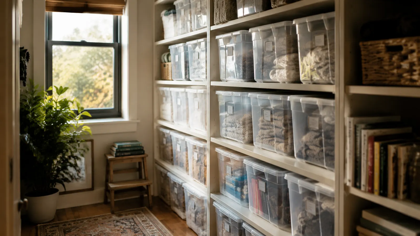 Six clear Sterilite Clip Boxes stacked two columns high in a small apartment closet, lids latched, contents visible through walls