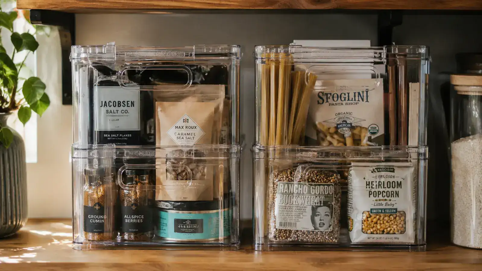 Two stacks of clear plastic storage bins side by side on a closet shelf in a small apartment